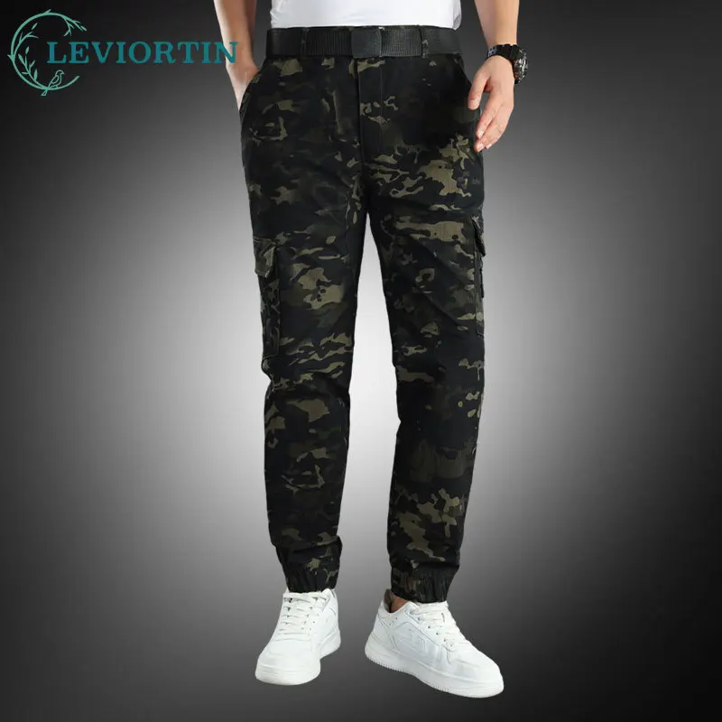 Pantaloni cargo mimetici da uomo con tasche multiple Streetwear Techwear Pantaloni tattici da pista Pantaloni grigi Pantaloni da jogging in vita elastica