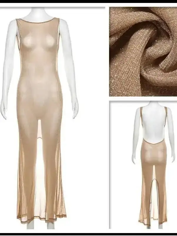 Sparkle Glittar Slim Bodycon Elegant Women Maxi Long 2025 Summer Dress Perspective Backless Nightclub Sexy Party Dresses N3UN