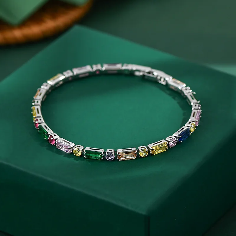 Colorful Zircon CZ Tennise Copper Bracelet For Women Gold Platinum Color Iced Out Stone Wrist Chain Jewelry Birthday Party Gifts