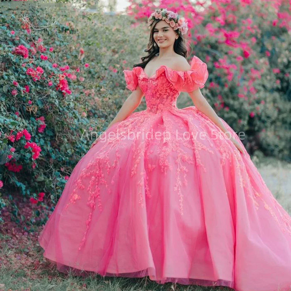 

Angelsbridep New Style Ball Gown 15 Quinceanera Dress Princess Pink Mexican Brithday Party Dresses Vestidos De 15 Quinceañera