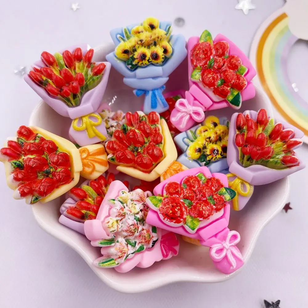 10 sztuk żywica Kawaii kolorowe malowane 3D bukiet róż Flatback kamień księga gości figurka DIY dekoracje akcesoria domowe rzemiosło OM131 — zdjęcie 6