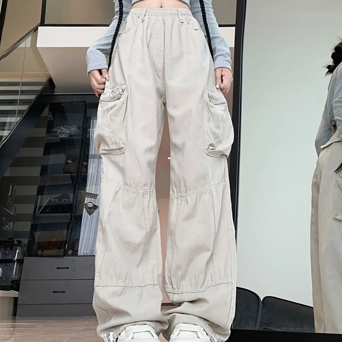 Salopette casual americana tascabile retrò Pantaloni larghi in denim a gamba larga Pantaloni larghi da donna