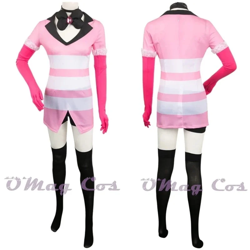 Angel Dust Cosplay Nette Anime Cartoon Cosplay Costume pour femme, déguisement d'hôtel, gants, nœud rose, robe rose, tenue d'Halloween, jeu de rôle grill