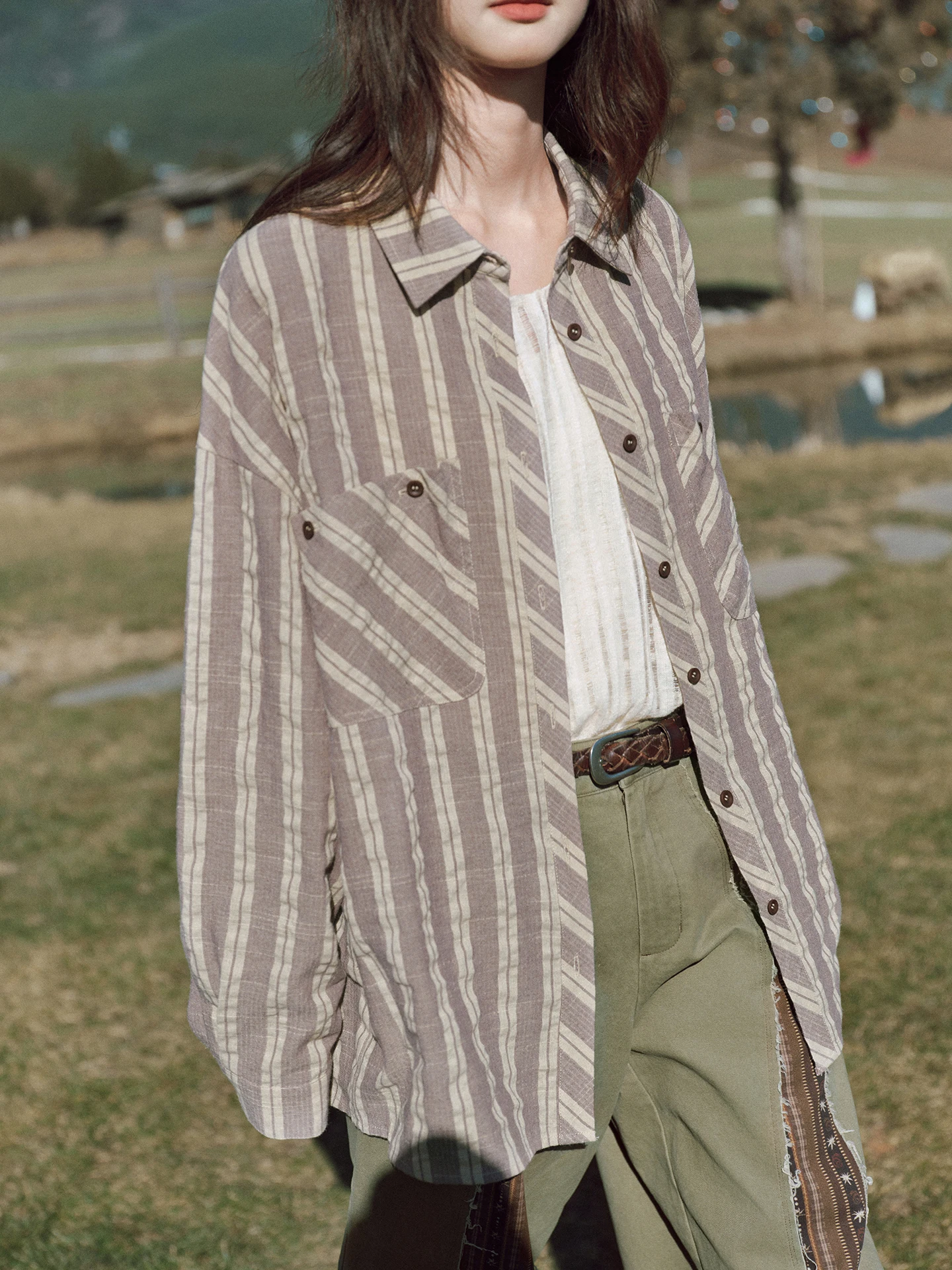 

Octopusme Japanese Style Retro Striped Long Sleeve Loose Women's Shirt Spring Summer Layering Casual Top Warm Polyester Blend