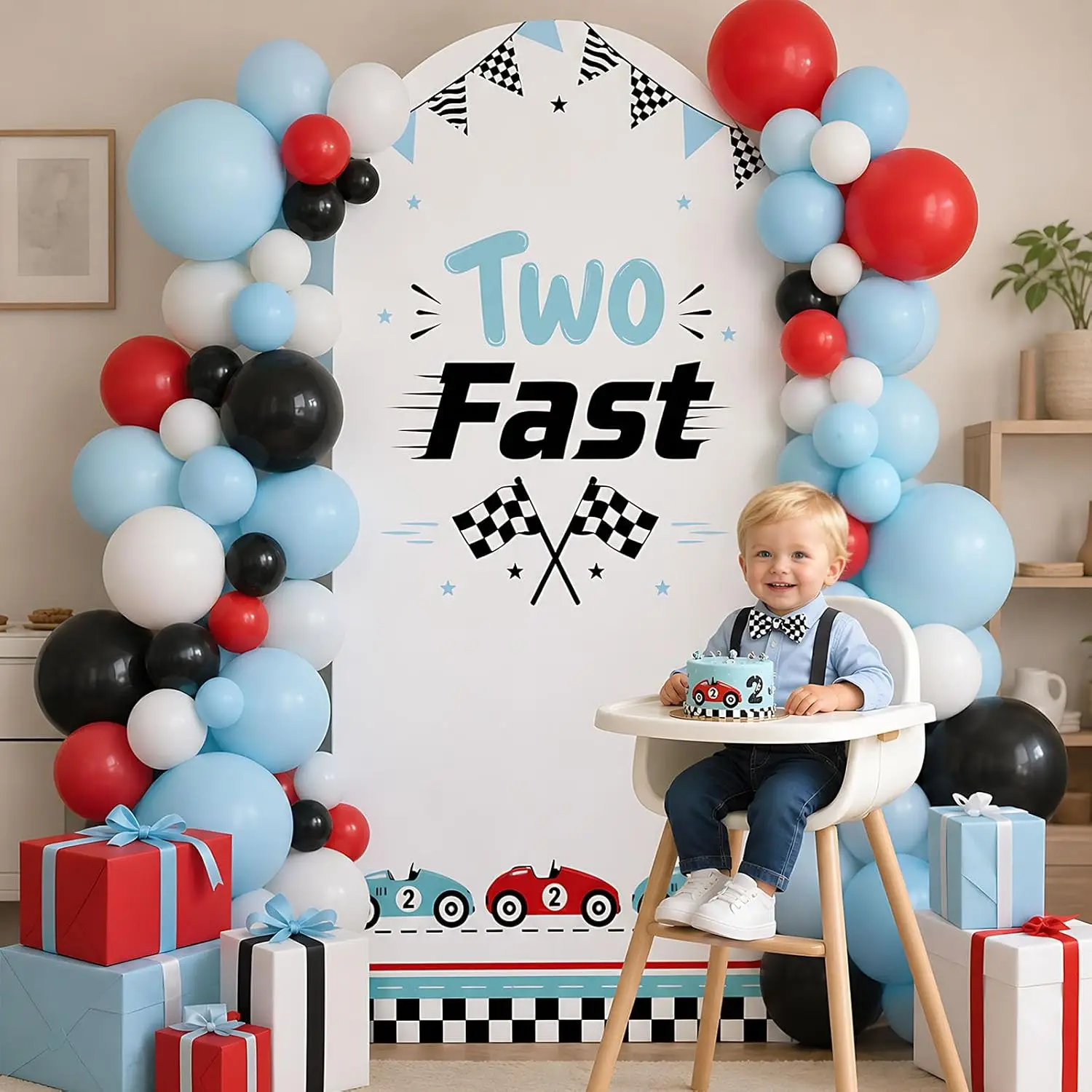 Custom 2-sided Two Fast Birthday Arch Backdrop Cover Race Car 2nd Birthday Party Decorations Boy Dessert Table Background Props