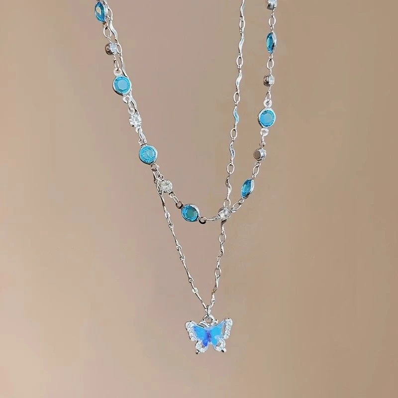 Romantic Blue Crystal Butterfly Necklace for Women Girls Simple Shiny Zircon Bilayer Choker Clavicle Chain New Fine Jewelry