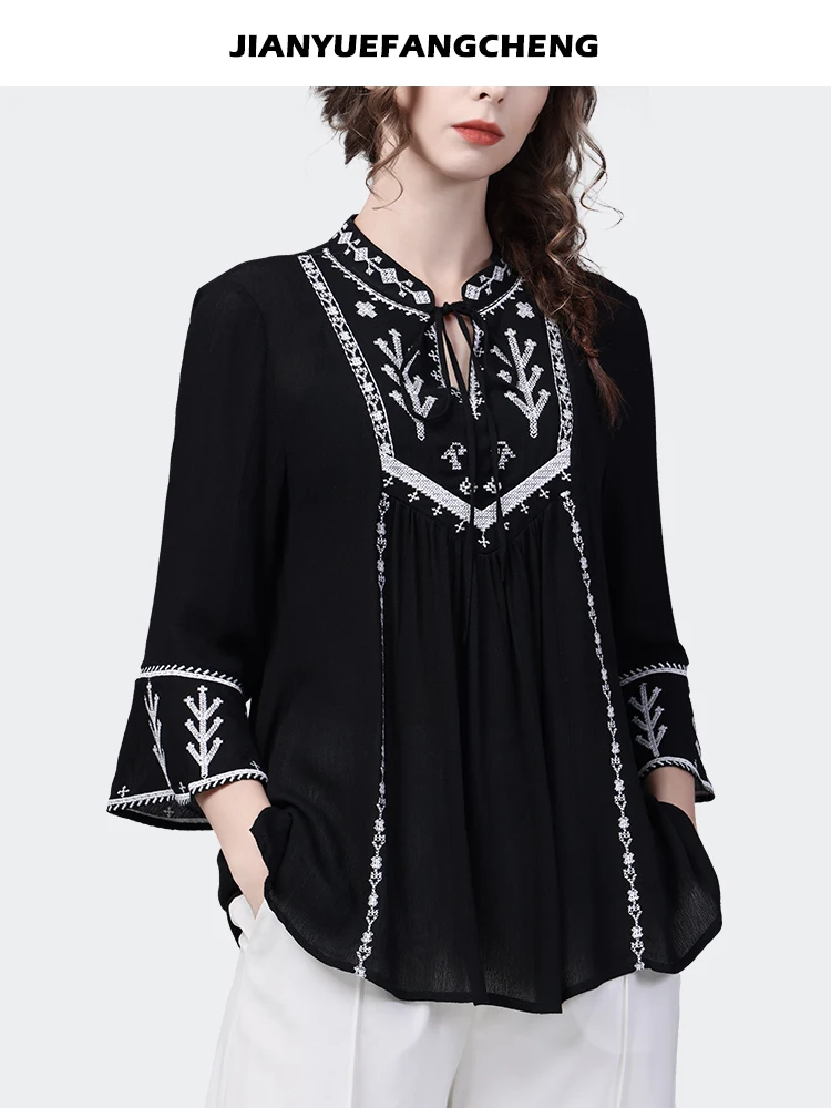 Vintage Ethnic Style Women Black Embroidered Shirt Loose Plus Size Stand Collar Flared Sleeve 2023 Spring Summer Tops Blouses