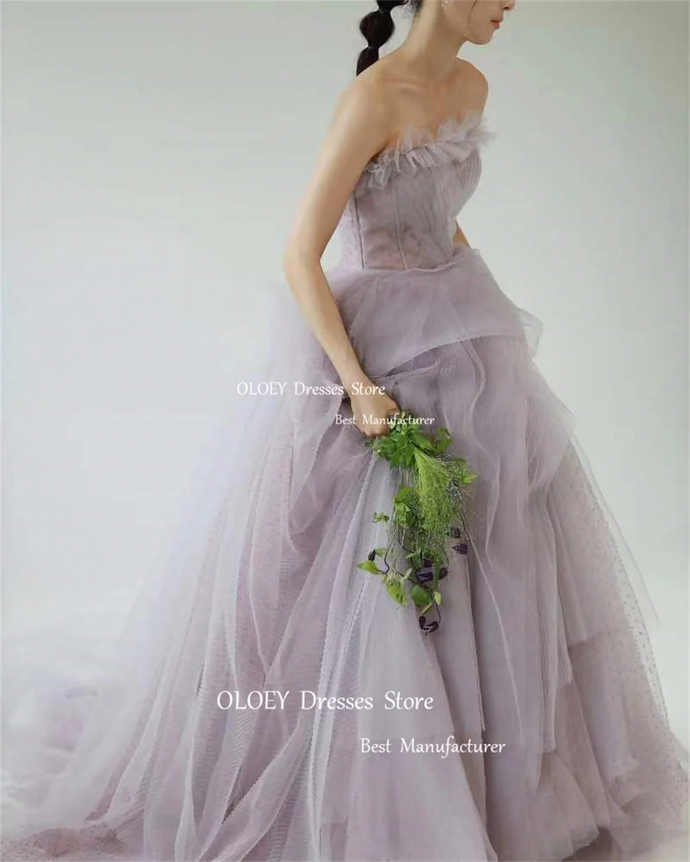 OLOEY Light Purple Strapless A Line Wedding Dress Korea Photoshott Pleats Silky Organza Prom Dress Formal Performance Gown Corse