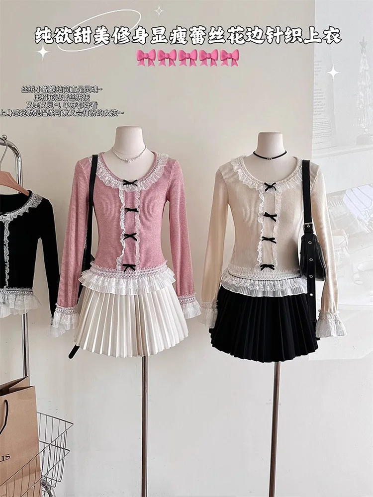 

Lace Neck Sweater Women Chic Soft Knitted Pullovers Casual Knitwear Tops Autumn New French Design