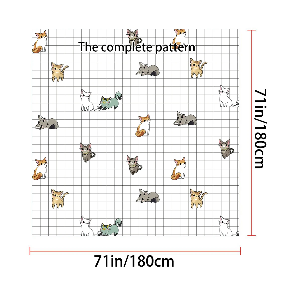 1PC, 180x180cm bathroom polyester shower curtain, mold resistant and waterproof, perforated with hooks, small square, cat