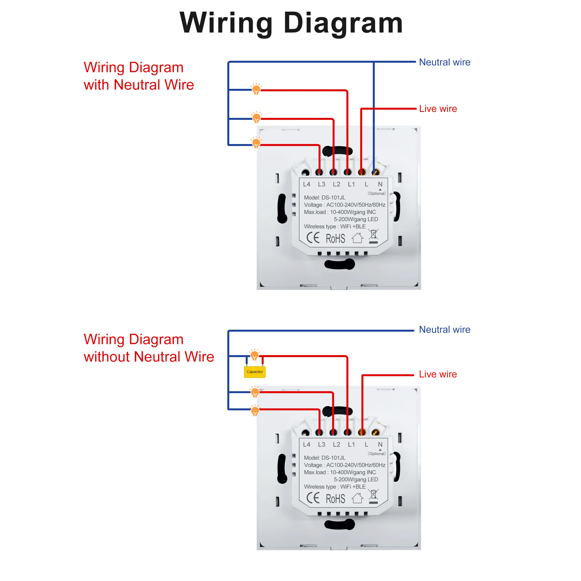 Interruptor de toque de parede wi-fi ue sem fio neutro necessário interruptor de luz inteligente 1 2 3 gang 220v tuya casa inteligente suporte alexa