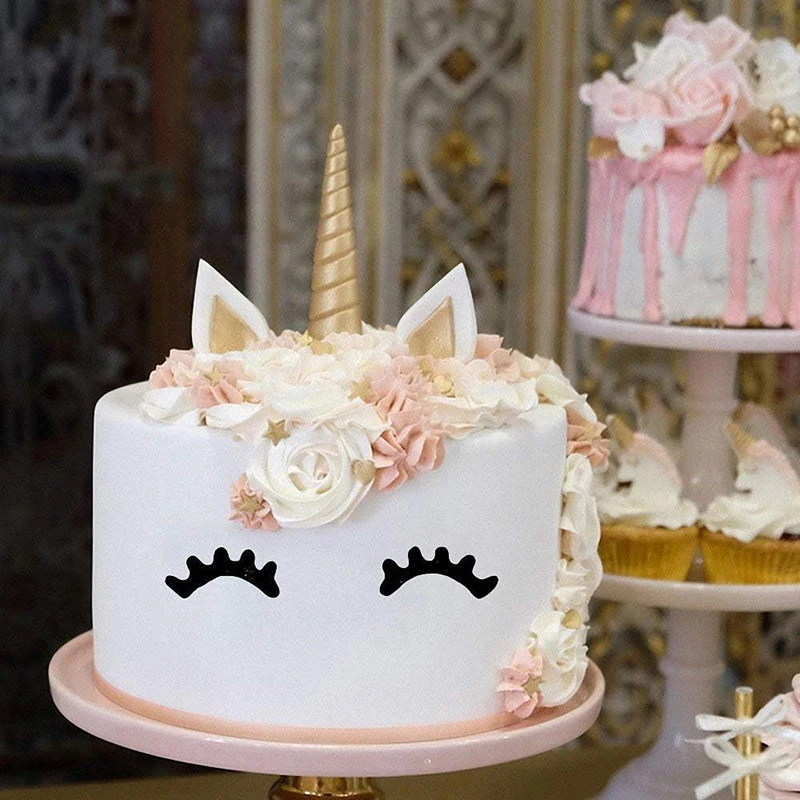 誕生日ケーキの装飾、3D、ホーン、耳、まつげ、シリコン金、カップケーキ、トッパー、チョコレート、キッチンツール用のユニコーンフォンダンモールドセット