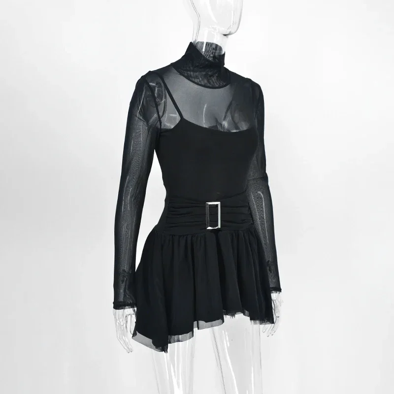 เดรสสั้นผู้หญิง ฤดูใบไม้ผลิ รุ่นใหม่ คอเต่า ผ้าสีพื้น แฟชั่น แขนยาว ลำลอง ทรงเข้ารูป เซ็กซี่ ผ้าตาข่ายซีทรู ทรงเอไลน์