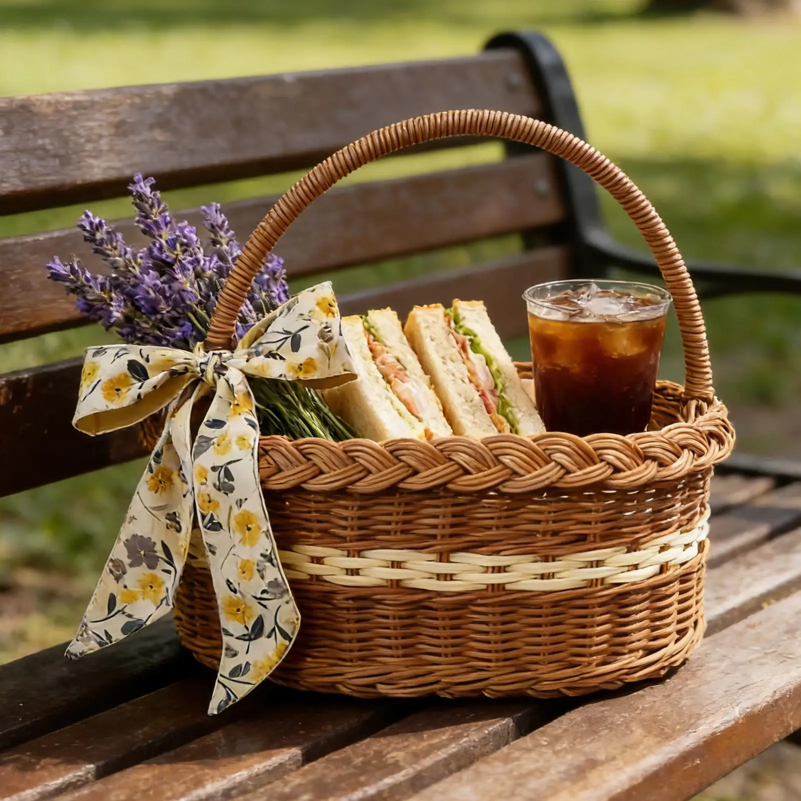 Rattan Market Basket Picnic Basket Woven Hamper Imitation With Handle And Ribbon For Picnic Storage Garden Beach Camping Outdoor