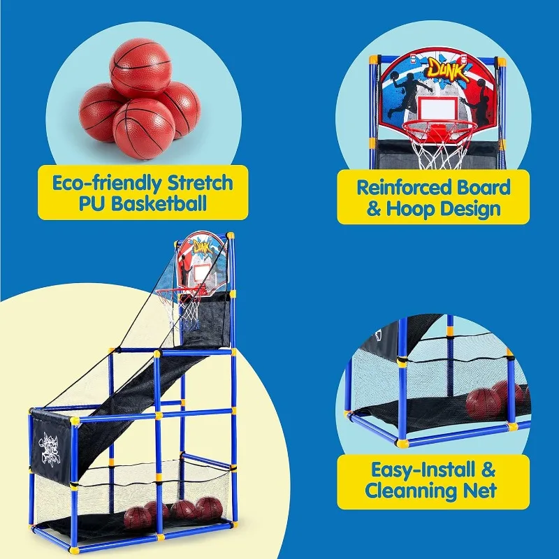 Arcade Basketball Game Set with 4 Balls and Hoop for Kids 3 to 12 Years Old Indoor Outdoor Sport Play  - Air Pump Included