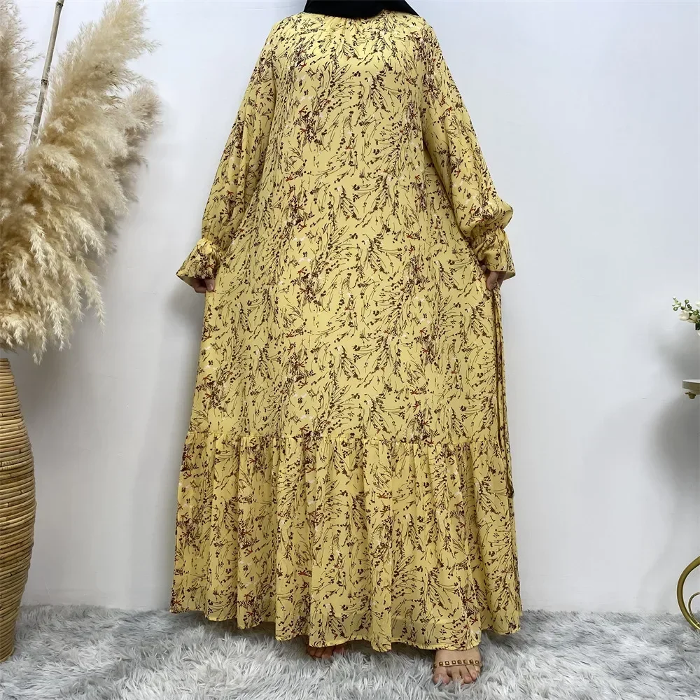 

Printed Flared Sleeves Fashion Chiffon Dress Woman Muslim Abaya Elegant Dubai Turkey Arabic Islamic Turkey Saudi Muslim Dress