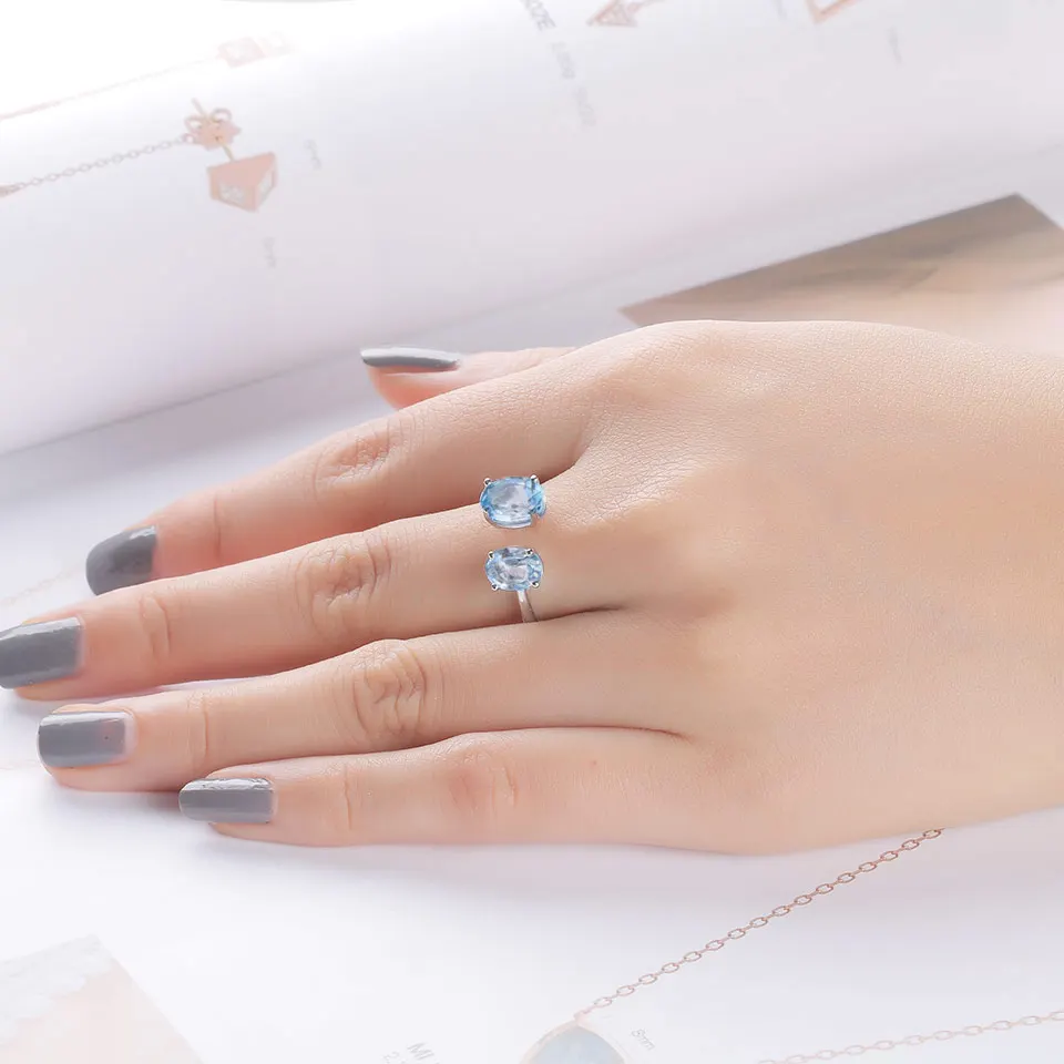 Blue Sky Topaz Ring Oval Opening Rings for Women 925 Sterling Silver Ring Birthday Gift New 2025