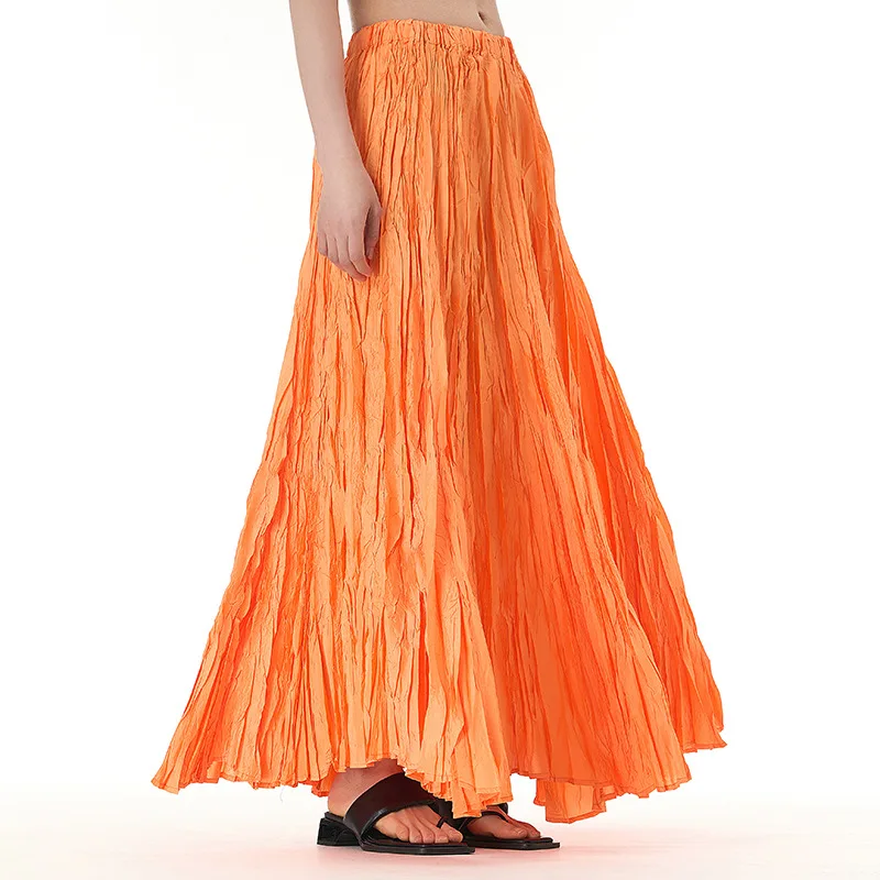 

Skirts Women Long Skirt A Line Solid Casual Loose High Elastic Waist Pleated Simple Elegant Splice Regular Summer 2024