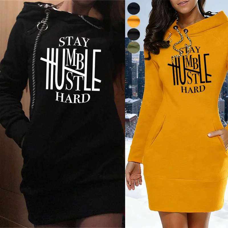 Fique umble e hustle duro vestido feminino casual diário outono e inverno simples e confortável design de moda vestido de alta qualidade