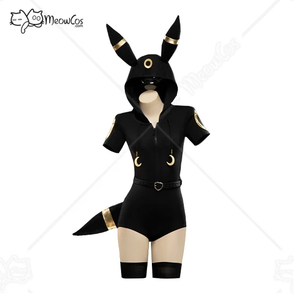 MEOWCOS Damen-Strampler mit Mondlichtfuchs, dunkelgrau, Kapuzen-Body mit Ärmeln, Strümpfen, Gürtel und Schwanz, Halloween-Cosplay-Kostüm