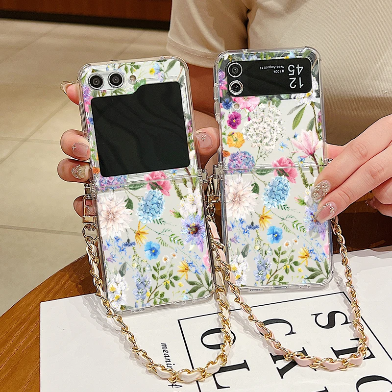 Hydrangea Print Metal Lanyard Phone Case For Samsung Galaxy Z Flip6 Flip5 Flip4 Flip3 Flip 3 4 5 6 Shockproof Clear Soft Cover