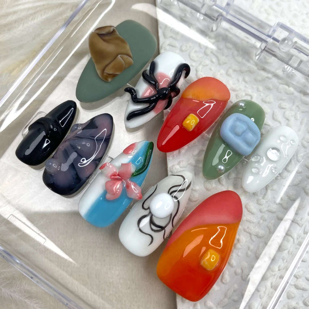 

10 Pcs Handmade Manicure Medium Almond Fake Nails 2024 New 3D Limited Nails Press On Nails Design with Adhesive Nail File Set