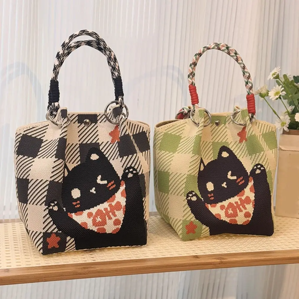 

Simple Cat Knitted Tote Bag Bear Printed Cartoon Knitted Handbag Purse Weave Wool Bucket Bag Student