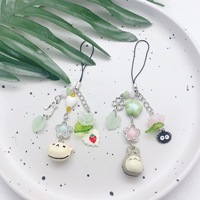 Handmade Cat Phone Charm Chain Four Leaf Clover Beaded Phone Charm Y2K Green Fairy Core Keychain Bag Key Ring