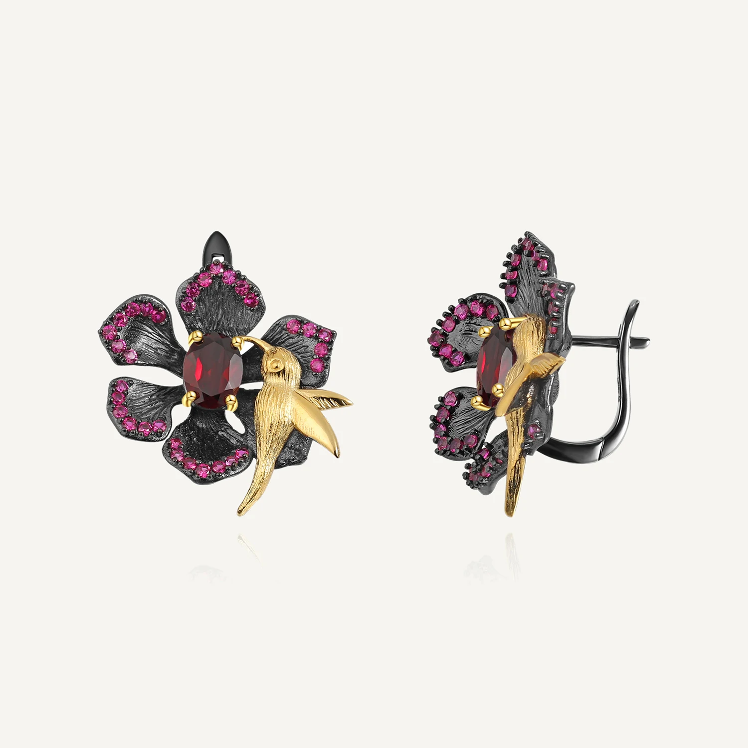 GEM'S BALLET 925 Sterling Silver Secret Garden Clip Earrings Natural Red Garnet Gemstone Bird Flower Earrings For Women Jewelry