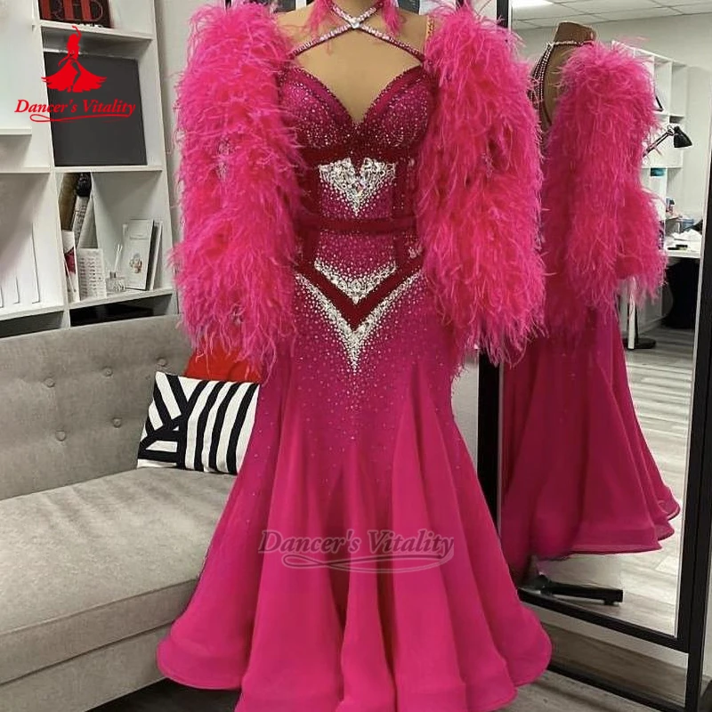 Adult Women Ballroom Rose Color Backless Wrapped Hips Dancing Dress Custom Adult Quickstep Waltz Tango Clothe Dancer's Vitality