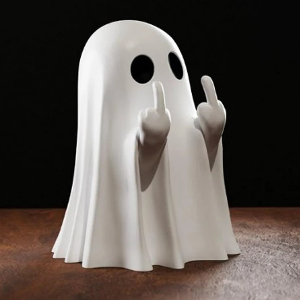 8.5cm White Cute Ghost Halloween Romantic Shelf Desk Decor Black Bat Resin Mini Statue Kawaii Heart Ghost Middle Finger  Decor