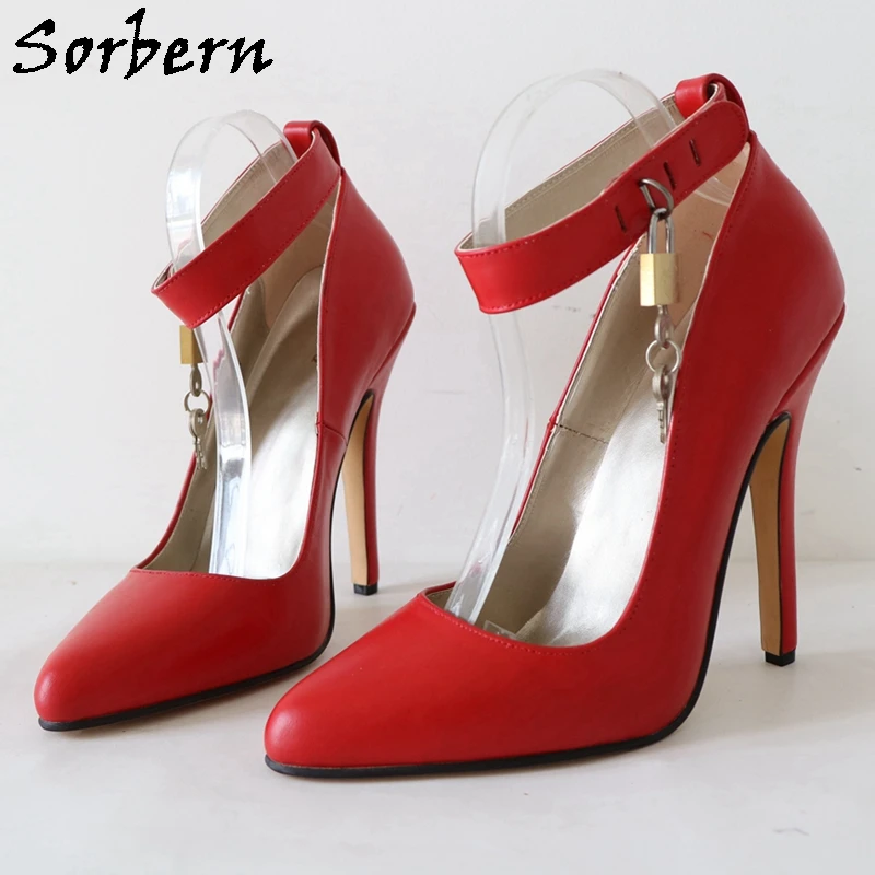 Sorbern 14Cm High Heel Women Pump Shoes Sissy Boy Ankle Straps With Lock Pointed Toe Real Leather Red Matt Evening Party Shoe