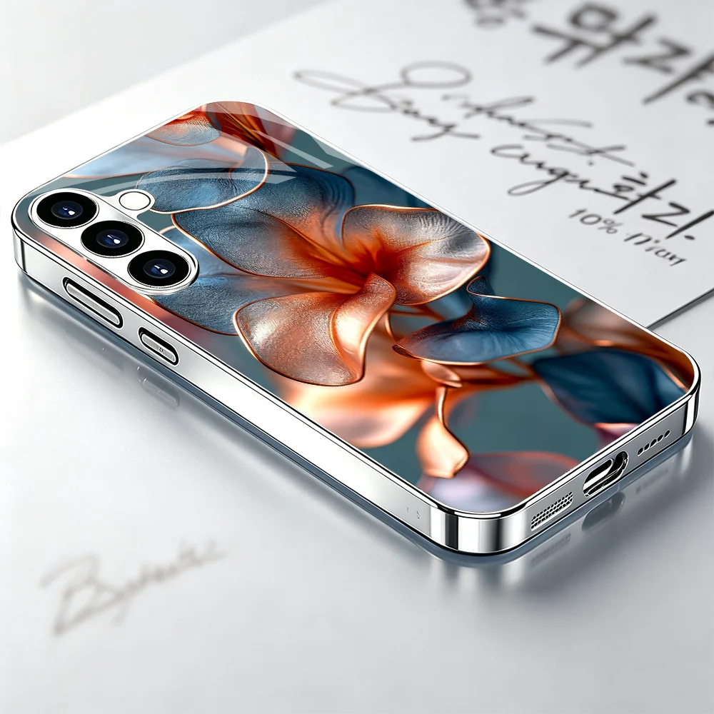 Orange blue flowers Tempered Glass Fashion phone case for Samsung Galaxy S26/S25/S24/S23/S22/S21 FE Ultra Plus Shockproof