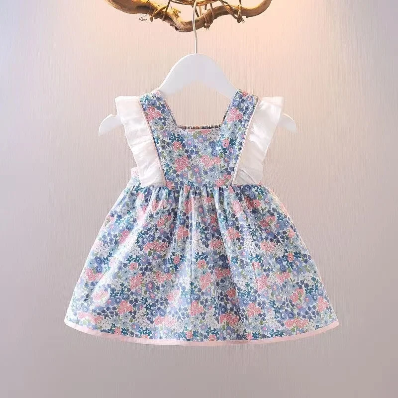 

2024 New Summer Toddler Baby Girl Sleeveless Ruffles Dress Floral Cotton Short Sleeves Nowborn Kids Dresses Clothing