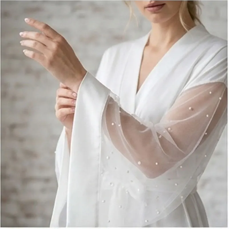 

Elegance Maxi Ivory Tulle Bridal Robes Floor Length Sheer Kimono Wedding Gown with Pearl Sleeves A-Line Silhouette Dressing Gown