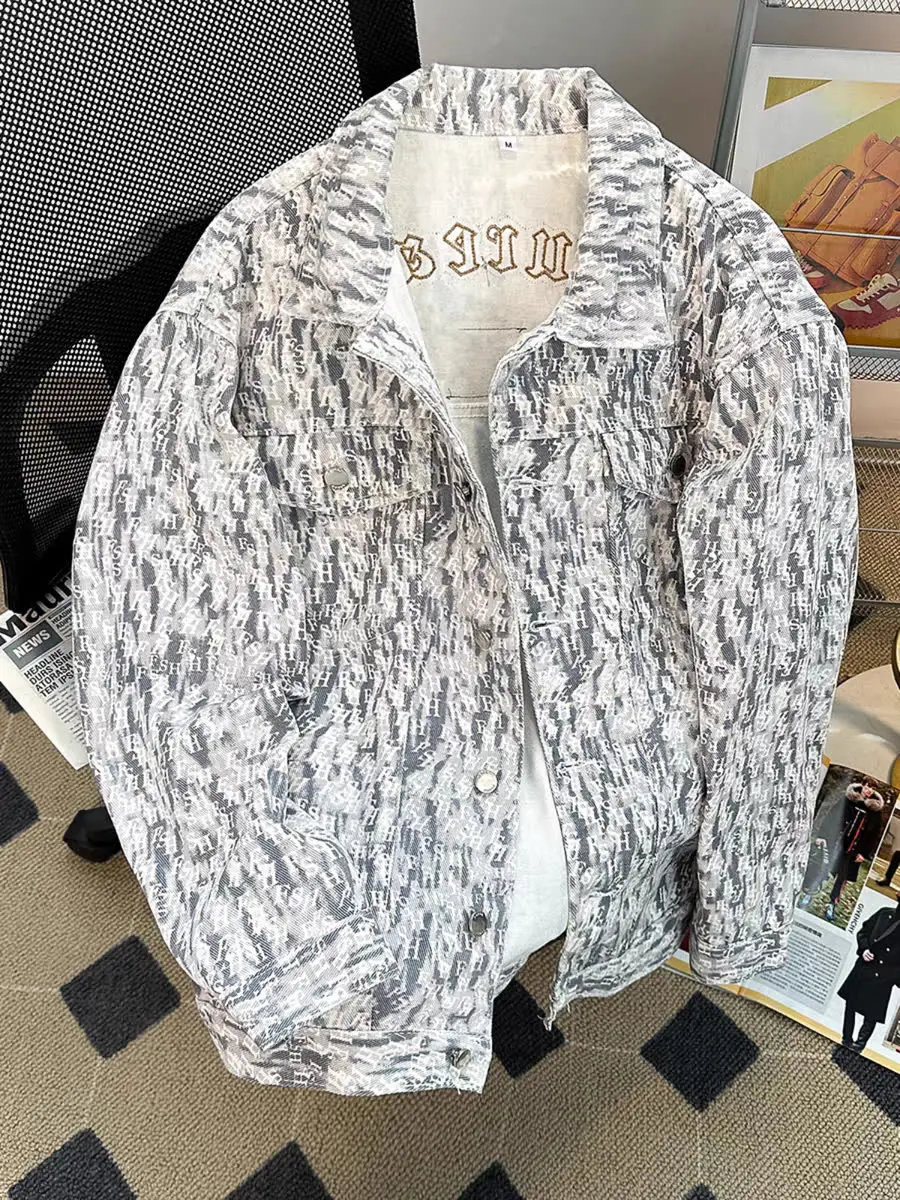 

Loose Fit Men's Denim Jaet Spring Autumn Embroidery Casual High Street Sle Windproof Long Sve Collar Jaet