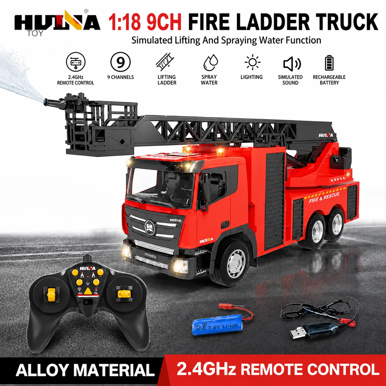 Huina 1361 1362 1:18 9 Channels 2.4g Alloy Fire Ladder Truck Engineering Model Simulated Lifting And Spraying Water Function