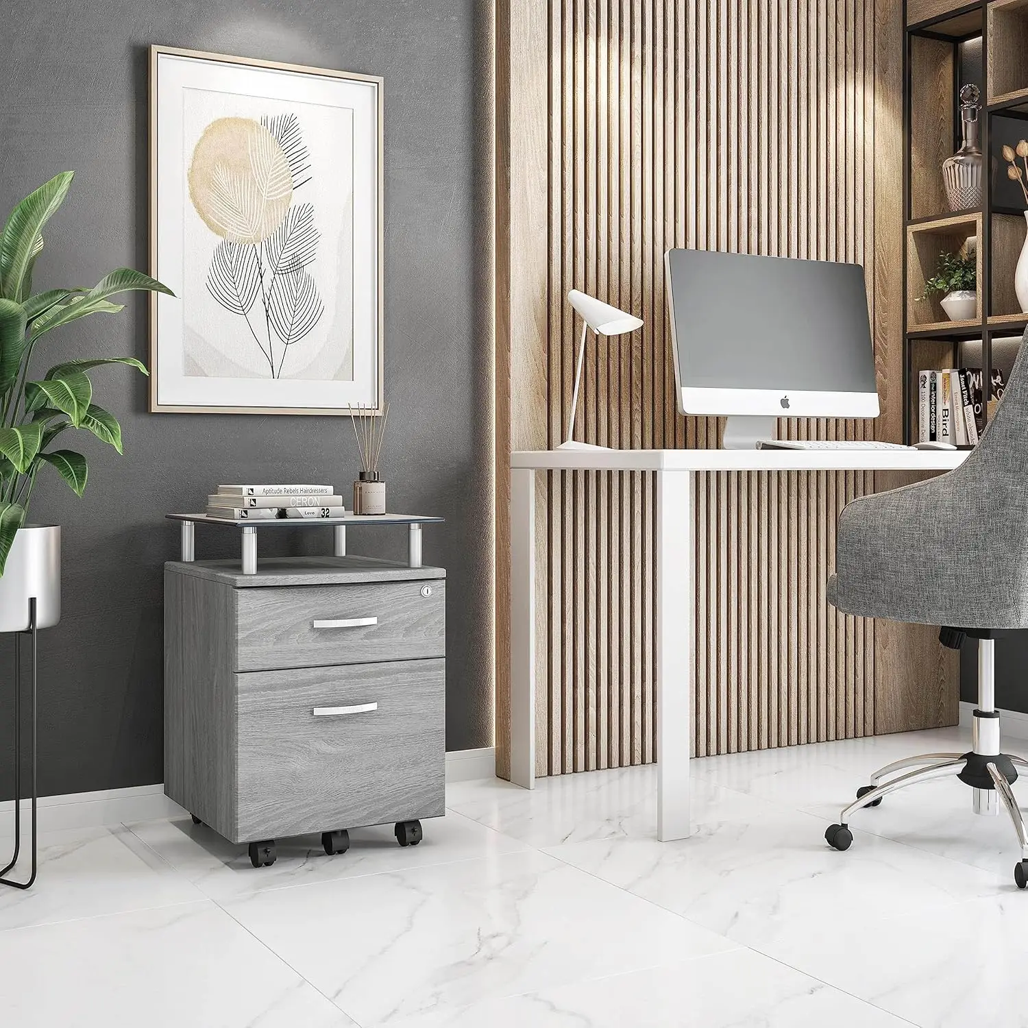 Rolling File Cabinet with Glass Top. Gray