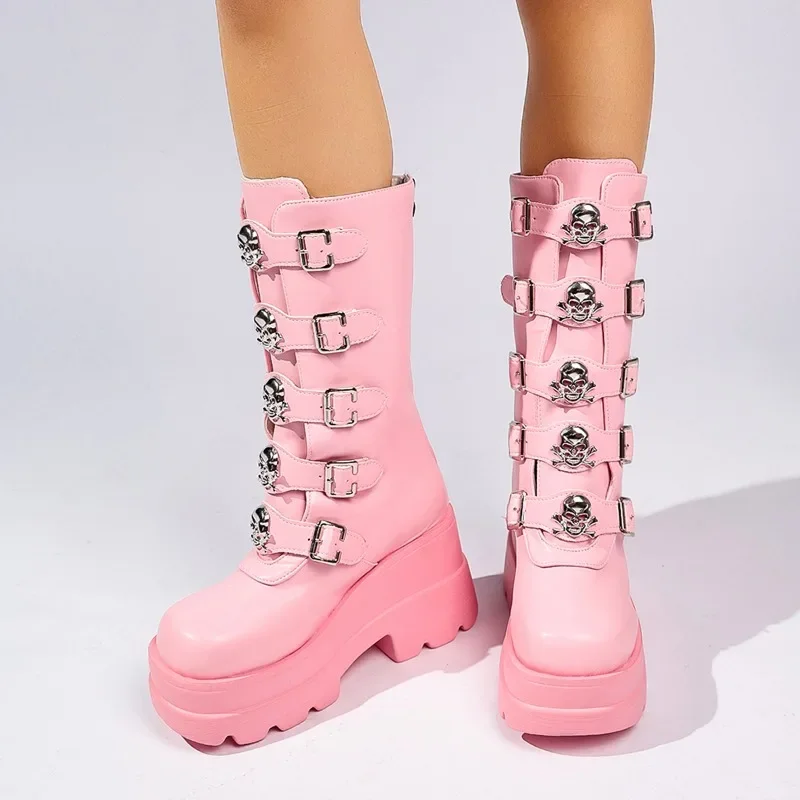 Plus Size Women's Shoes Round Toe Metal Buckle Heightened Western Cowboy Rider Boots