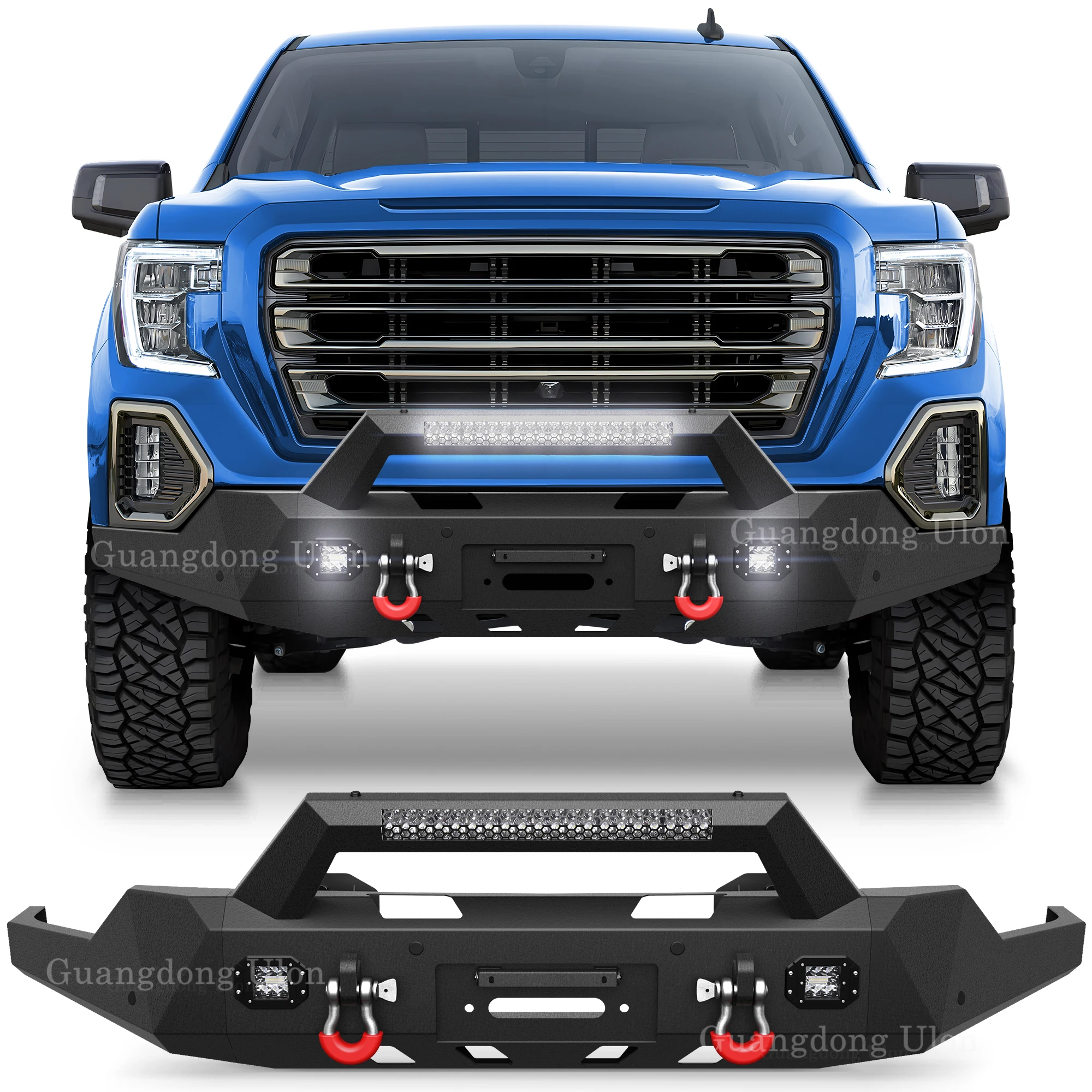 

Ulon New Product Front Bumper For 2019-2022 GMC Sierra 1500, With LED Lights & Sensor Holes & D-Rings, Textured Black Bumper