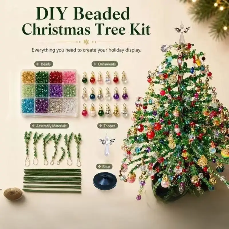 Handmade Beaded Mini Christmas Tree Desktop Xmas Decoration Angel Top Tabletop Holiday Party Ornament Gift