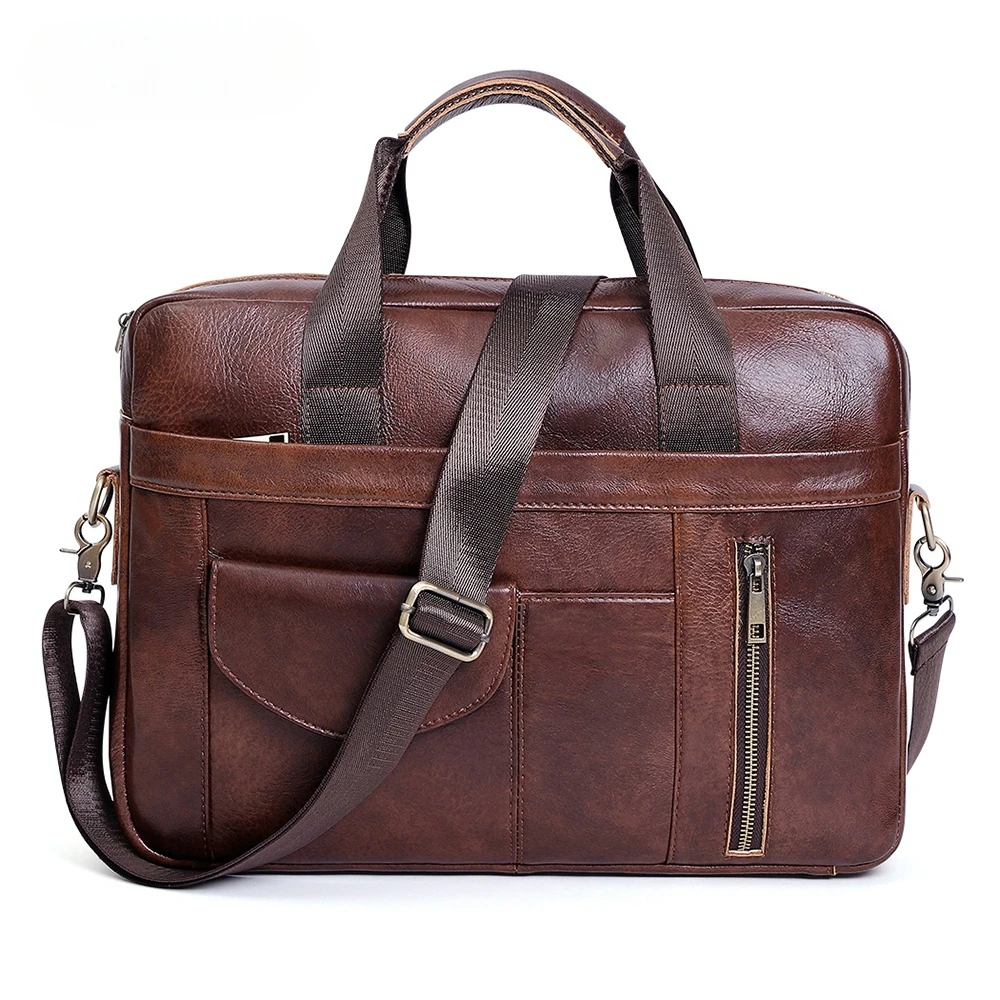  Genuine Leather Laptop Briefcase for Men Retro Travel Messenger Bags 15.6 Inch High Capacity Computer Shoulder Bag