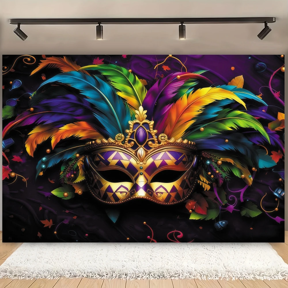 Vibrant Mardi Gras Mask Photography Background Purple Gold Green Feather Pearl Holiday Party Decor Backdrop Photo Studio Props