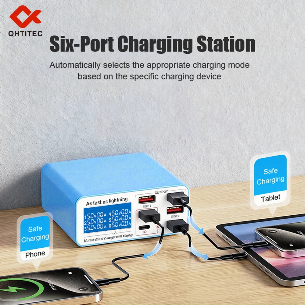 6-Port Smart USB Charging Station with LED Digital Display Fast Charging Hub Auto-Identify 65W Multi Port Desktop Charger