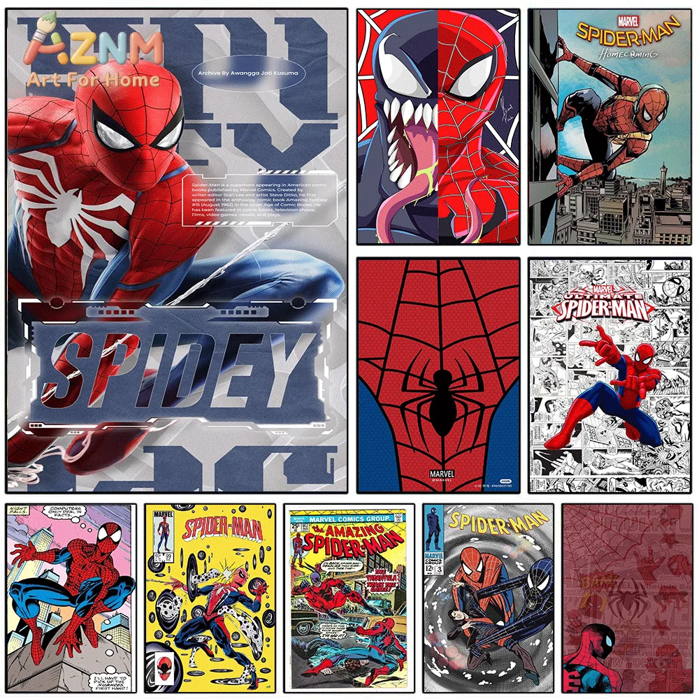 AZNM Spidey Spiderman Modern Comic Canvas Wall Print, Superhero Character Split Style Art Poster, Unframed Canvas Painting for