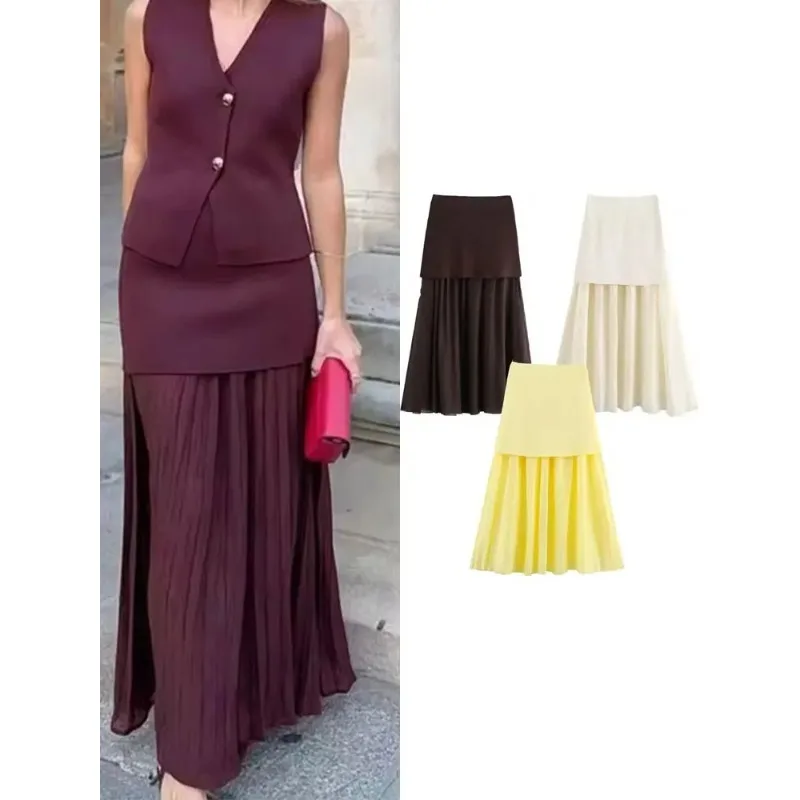 Jupe midi élégante pour femme SMVP, unie avec empiècements, décontractée, taille haute, plissée, pour les vacances et les soirées
