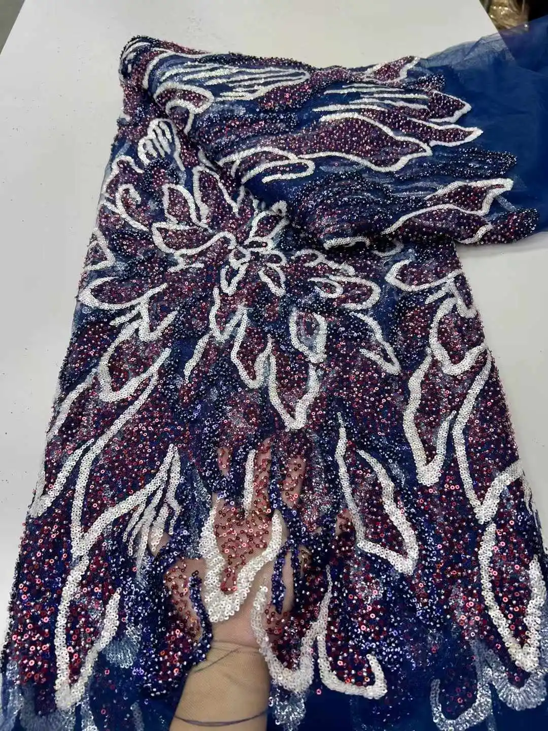 

Luxurious Nigerian Sequence Beaded French Lace High Quality Sequins Embroidery African Net Tulle Lace Fabric Dresses-ZX
