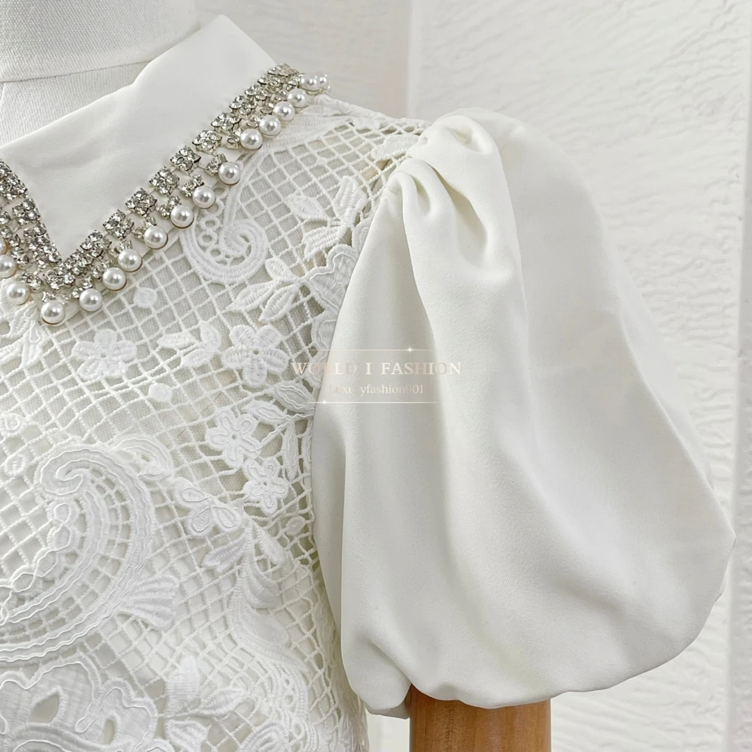 

2025 New Beautiful White Short Sleeve Lace Patchwork Diamonds Blouse Tops