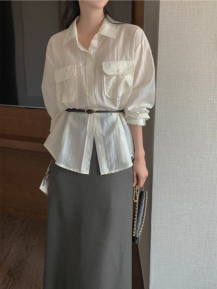 

Chic Korean Autumn Pocket Single Breasted Temperament Versatile Shirt Women's Top Fashionable Retro White Casual Shirt Top S101