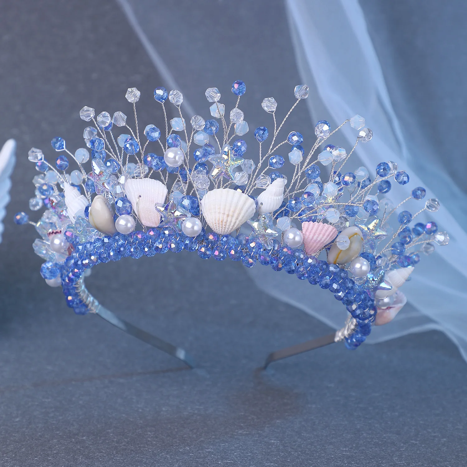 Fashion Handmade Blue Crystal Rhinestone Hairbands Shell Conch Headbands For Women Bride Wedding Hair Accessories Seaside Beach